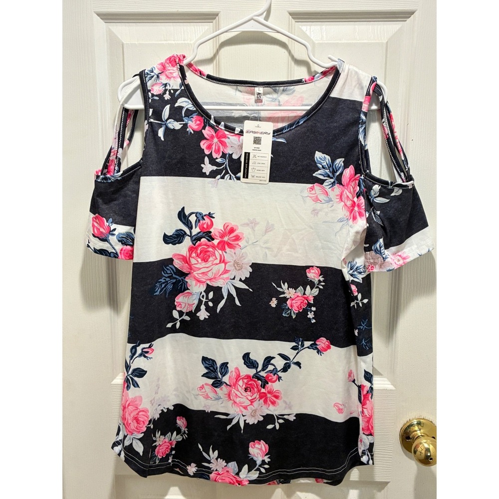 Easikery Floral Stripe Cold Shoulder Top Pink White Black Short‎ Sleeve Blouse L